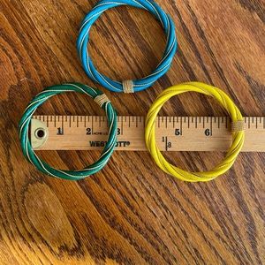 Three Wicker and Goldtone Metal Wire Bracelets Green Yellow Turquoise 2 1/2 inch